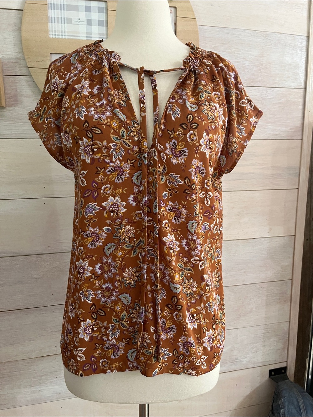 NEW LOFT Rust Floral Tie-Front Blouse S